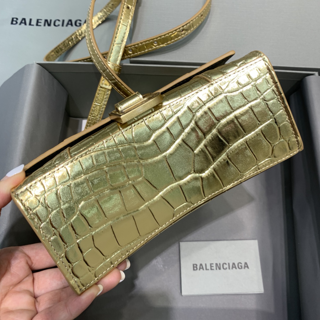 Balenciaga Hourglass XS Handbag Crocodile Embossed Shoulder Bag Gold